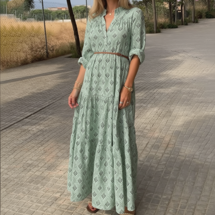 FJØRNA printed long sleeve maxi dress with V-neck, relaxed fit, flowing fabric, and floral pattern for a stylish, comfortable look.
