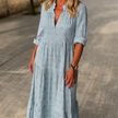 FJØRNA printed long sleeve maxi dress with V neck, relaxed fit, and floral pattern, perfect for casual or summer wear