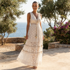 FJØRNA boho lace tiered maxi dress with V neck, flowing fabric and intricate lace details, perfect for casual or bohemian style.