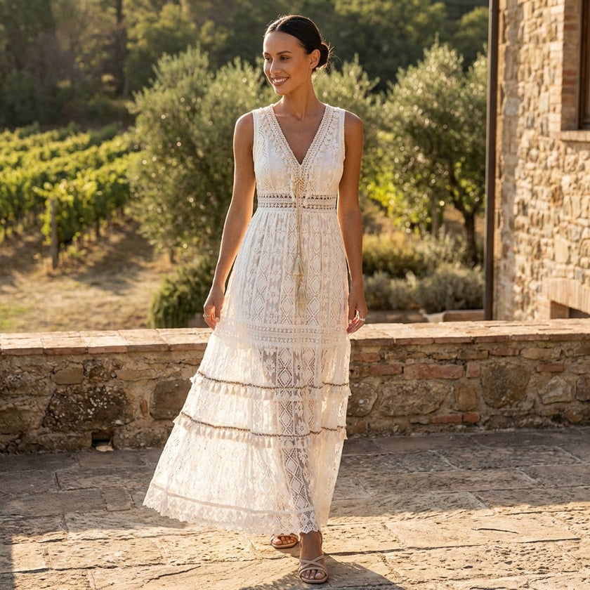 FJØRNA boho lace tiered maxi dress with V-neck, flowing fabric, and intricate lace details, perfect for summer or casual wear.