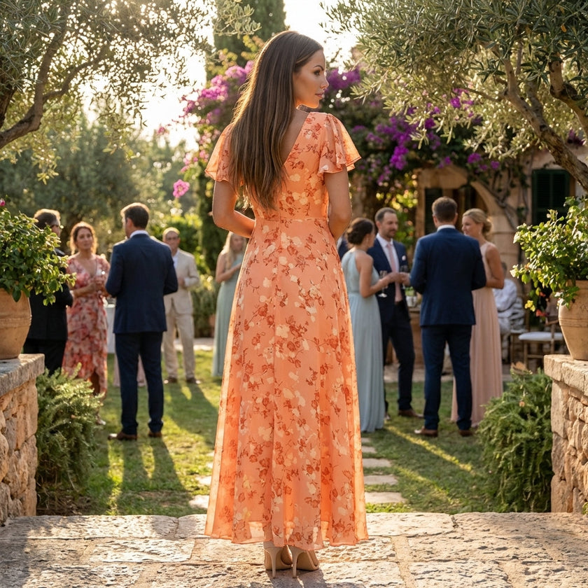 FJØRNA floral chiffon midi dress with short sleeves and flowy skirt, featuring a vibrant floral pattern and elegant silhouette.