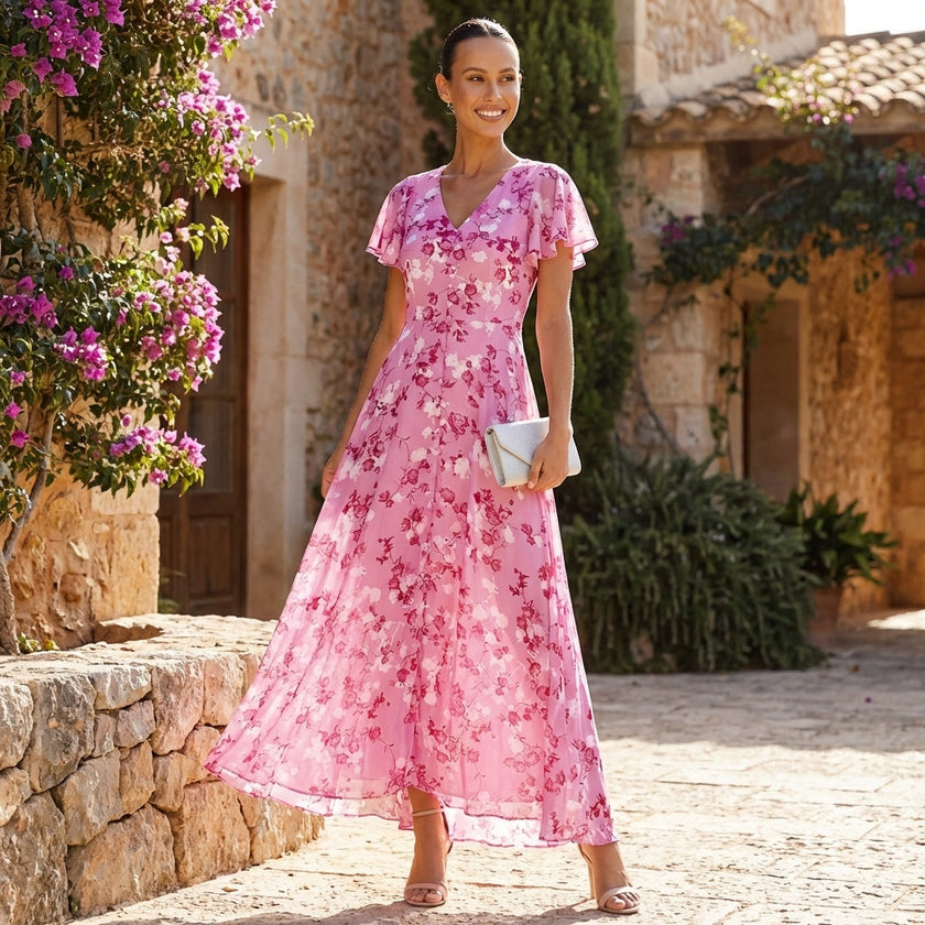 FJØRNA floral chiffon midi dress with short sleeves and a flowy skirt, perfect for elegant spring or summer occasions.
