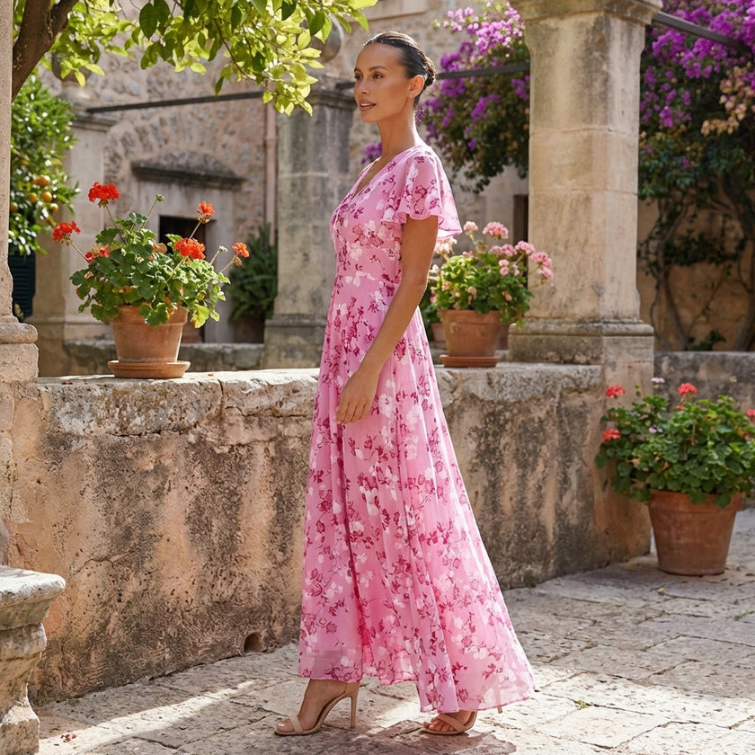FJØRNA floral chiffon midi dress with short sleeves and a flowy skirt, perfect for spring or summer occasions.
