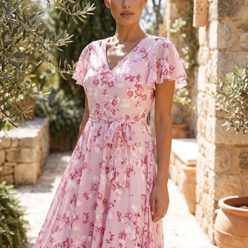 FJØRNA floral chiffon midi dress with short sleeves and flowing skirt, perfect for elegant summer occasions.