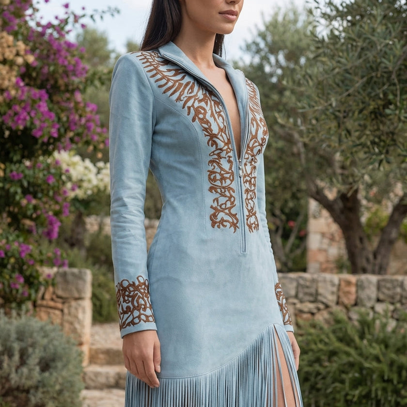 FJØRNA embroidered fringe midi dress with deep V neck, flowing fabric, intricate embroidery, and fringe details.