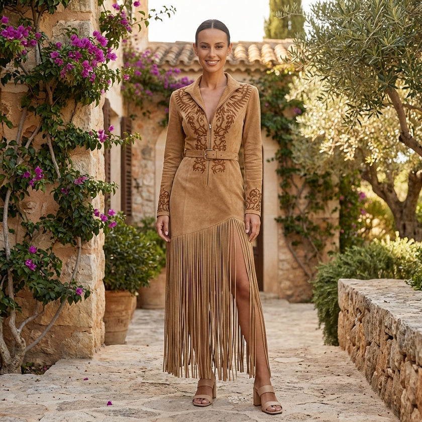 FJØRNA embroidered fringe midi dress with deep V neck, showcasing intricate embroidery and flowing fringe details.