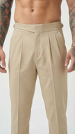 FJØRNA tailored cream trousers with a slim fit, featuring a classic waistband and front pockets, stylishly displayed on a model.