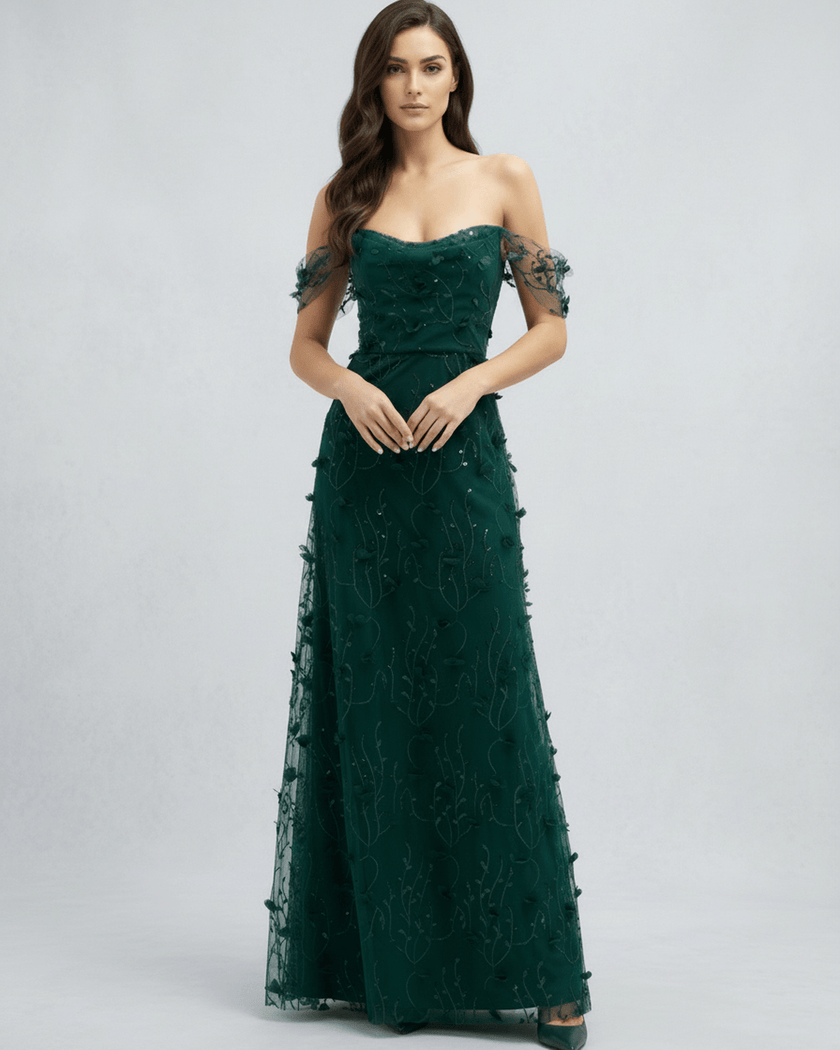 FJØRNA lace maxi dress for women featuring intricate lace details and flowing silhouette, ideal for elegant occasions.