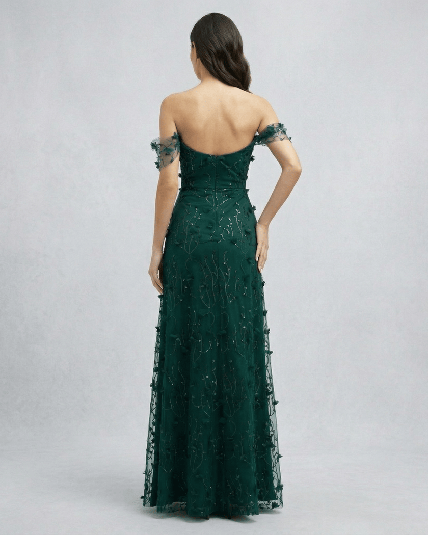 FJØRNA lace maxi dress for women, elegant long dress with intricate lace details, flowing silhouette and sleeveless design.