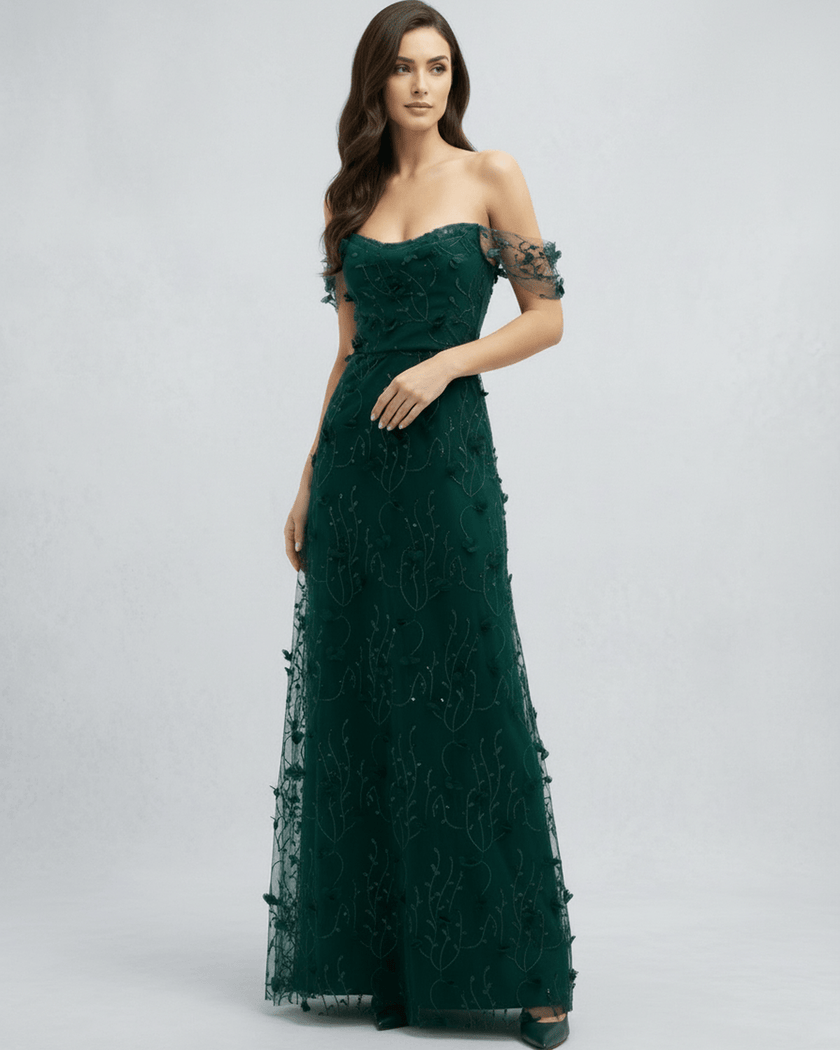 FJØRNA women's lace maxi dress with intricate lace details and flowing silhouette, perfect for elegant occasions.