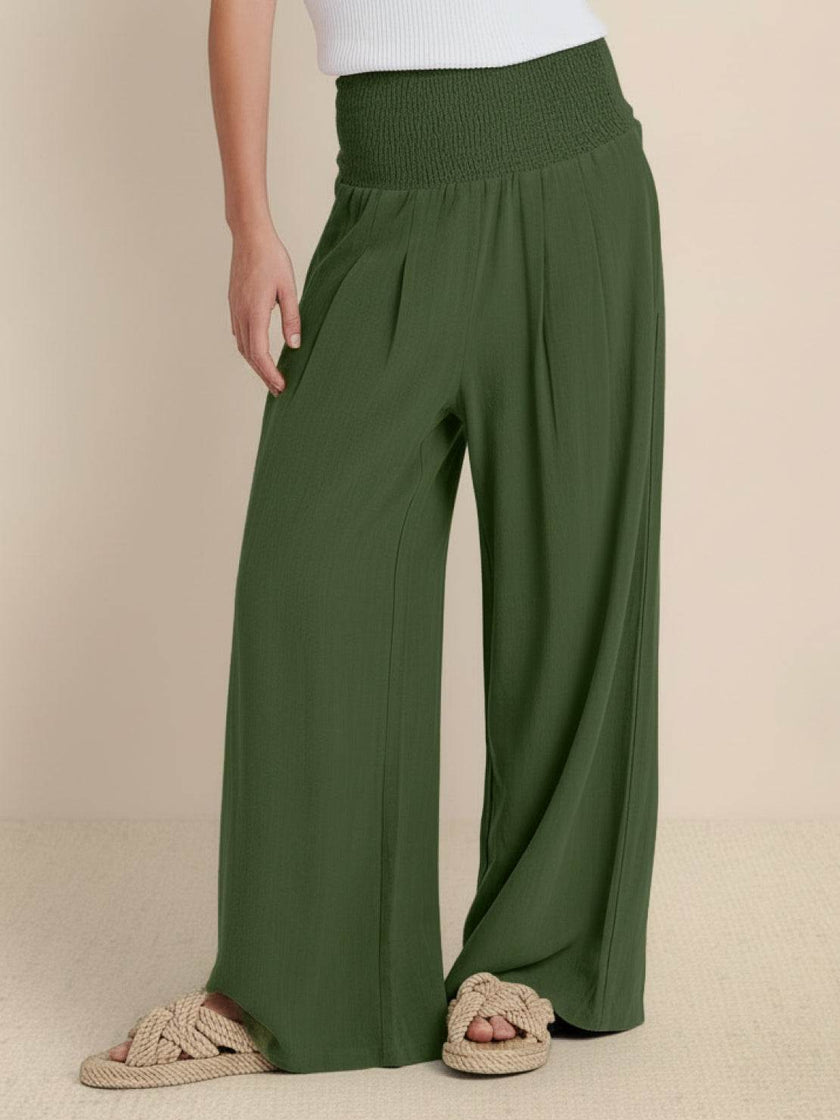 FJØRNA linen summer trousers for women, high waist wide-leg palazzo pants with drawstring, made of lightweight cotton-linen blend