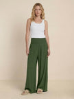 FJØRNA linen summer trousers for women with high waist, wide leg, and drawstring, made of breathable cotton-linen fabric.