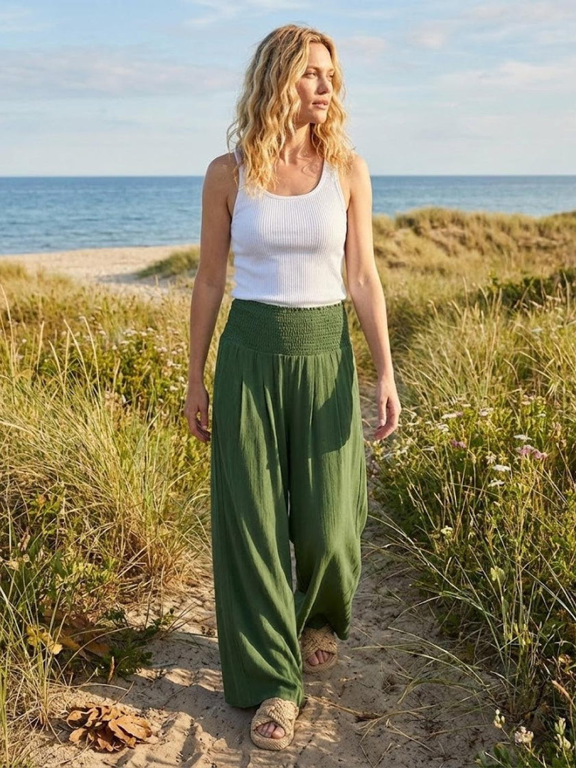 FJØRNA linen summer trousers for women, high waist wide-leg palazzo pants with drawstring, made of cotton and linen fabric.