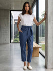 FJØRNA lightweight summer women's trousers with high waist, wide leg, and pockets, shown in a high-waist wrapped comfy style.