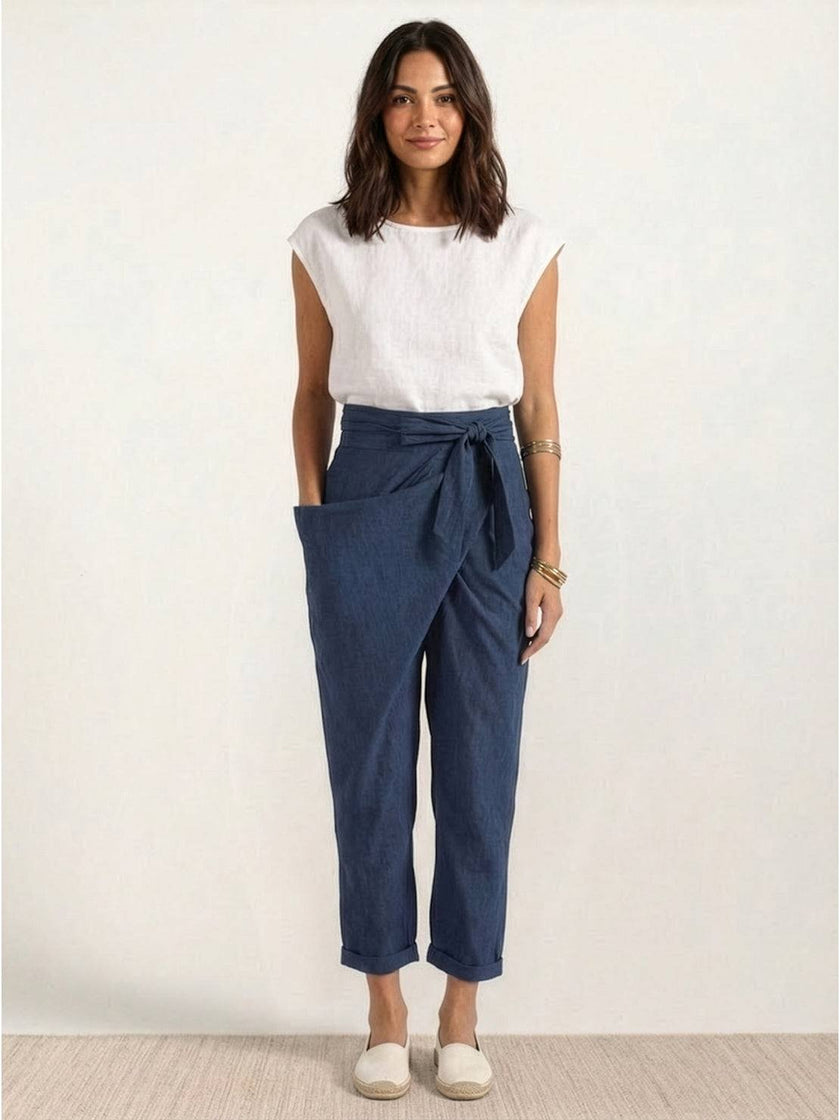 FJØRNA lightweight summer women's trousers with high waist, wide leg design and front pockets, comfortable and stylish for warm weather.