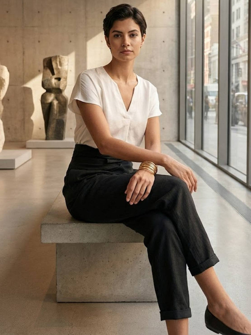 FJØRNA women's lightweight summer trousers with high waist, wide-leg fit, and side pockets, designed for comfort and style.