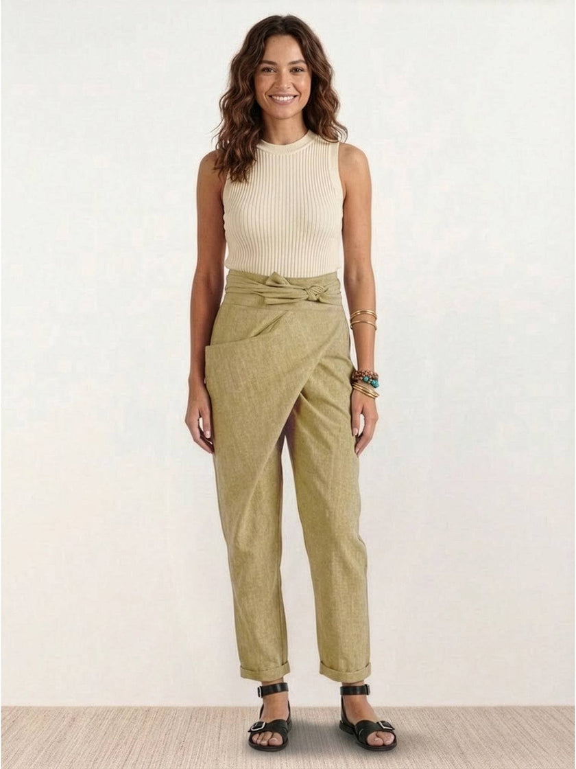 FJØRNA lightweight summer women's trousers with high waist and wide leg design, featuring side pockets and a comfortable fit.