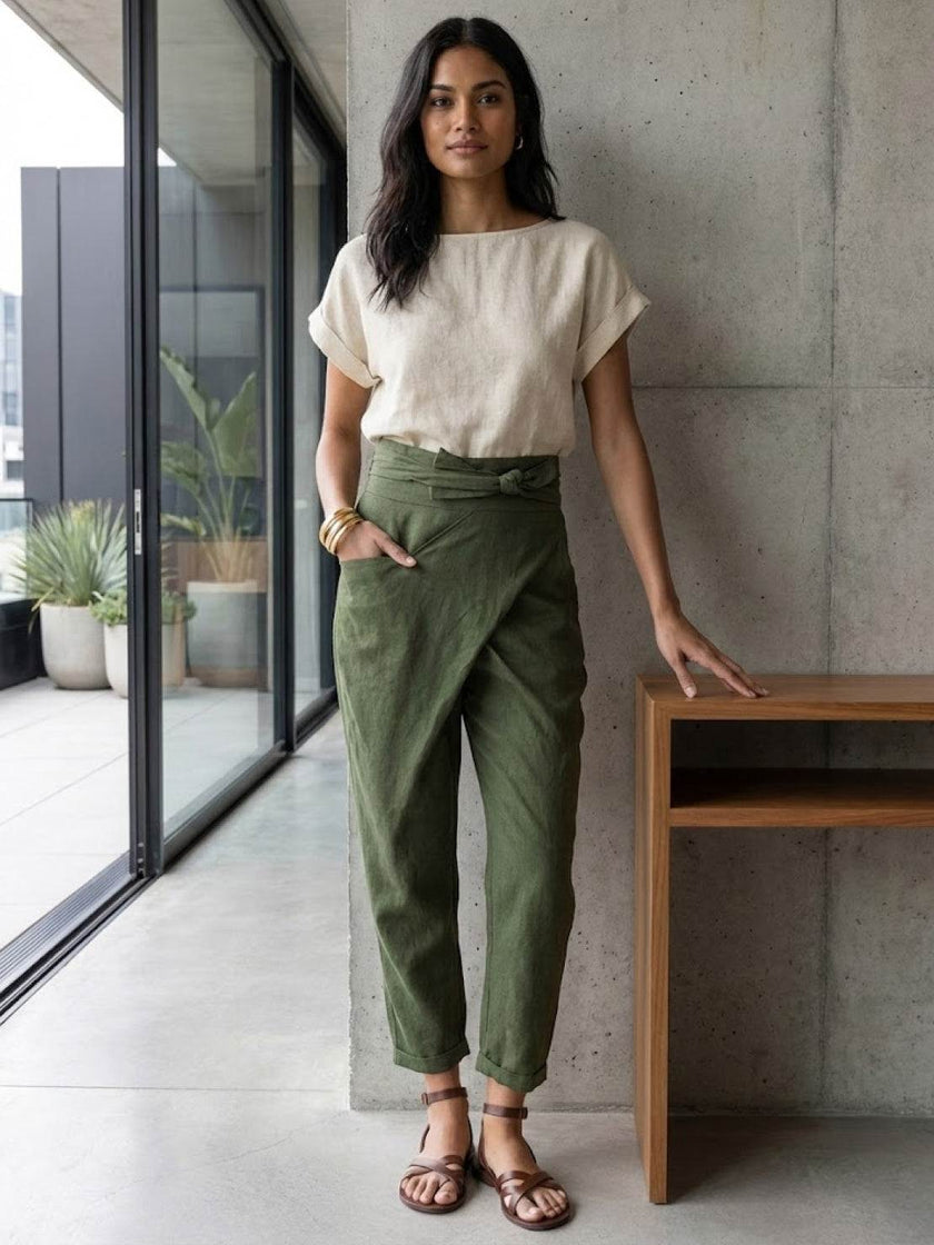 FJØRNA lightweight summer women's high waist wide-leg trousers with pockets, comfortable and stylish for warm weather.