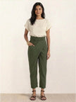 FJØRNA lightweight summer women's trousers with high waist, wide leg design, and pockets, made from comfortable fabric.