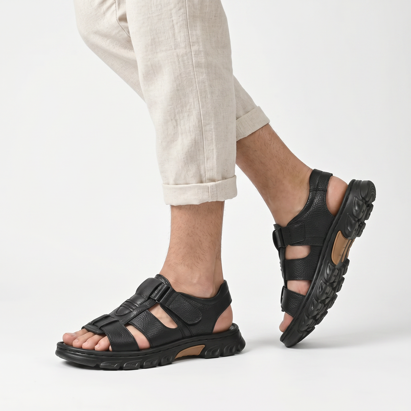 FJØRNA men's open toe strap sandals featuring comfortable leather straps and slip-on design, suitable for casual summer wear.