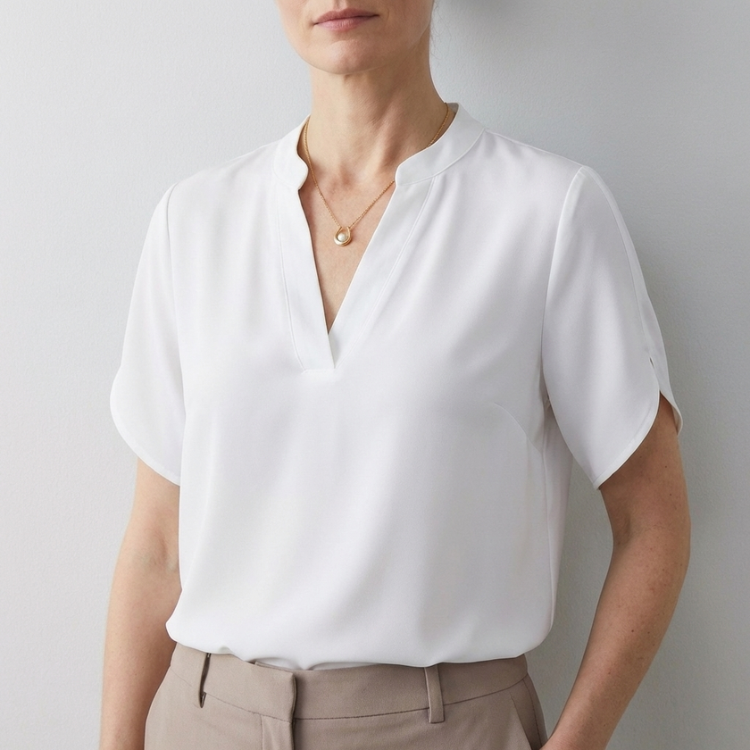 FJØRNA women's summer blouse with V-neck, short flowy sleeves, lightweight fabric, perfect for warm weather.