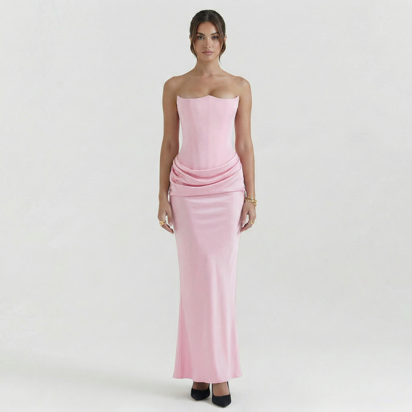 FJØRNA women's strapless maxi dress with a corset-style bodice and flowing skirt, perfect for elegant occasions.