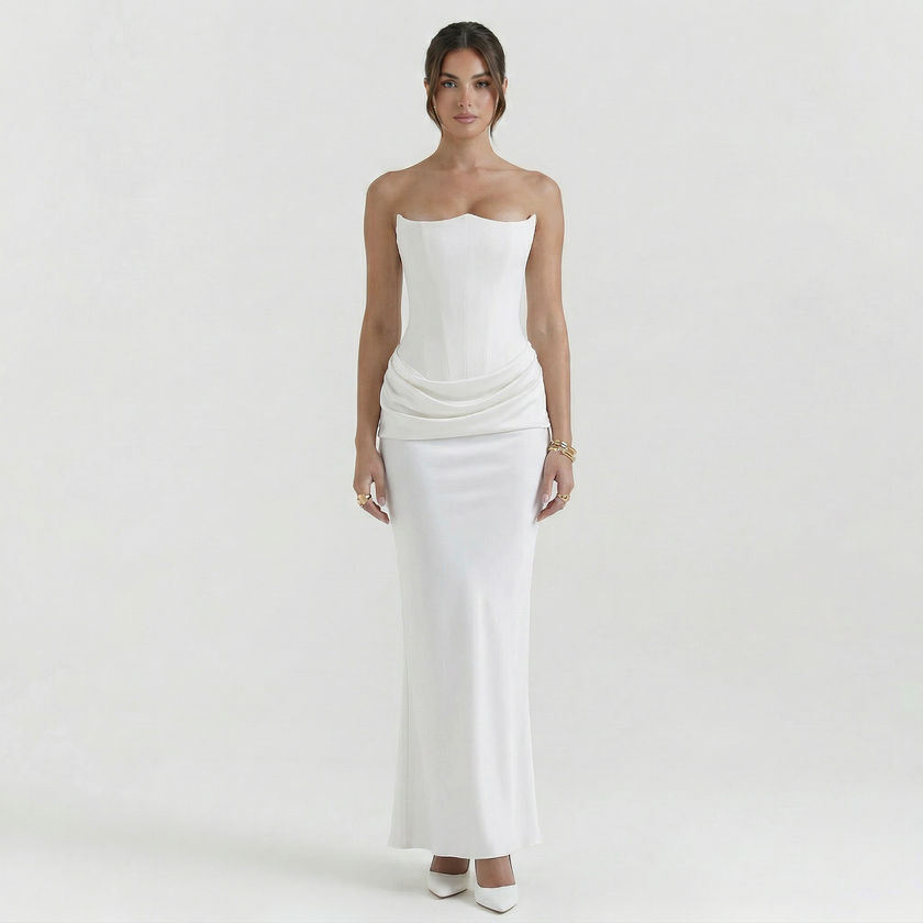 FJØRNA women's strapless maxi corset dress with fitted bodice and flowing skirt, elegant evening wear for formal occasions.