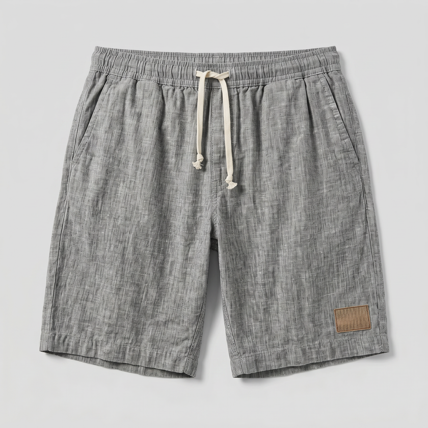 Men's FJØRNA linen shorts with elastic waistband and drawstring, designed for summer beachwear and casual comfort.