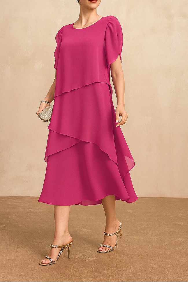 FJØRNA classic white chiffon dress featuring a flowing silhouette and delicate fabric, perfect for elegant occasions.