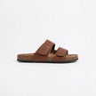 FJØRNA men's double strap open toe slides showing black leather straps and cushioned footbed for comfortable summer wear