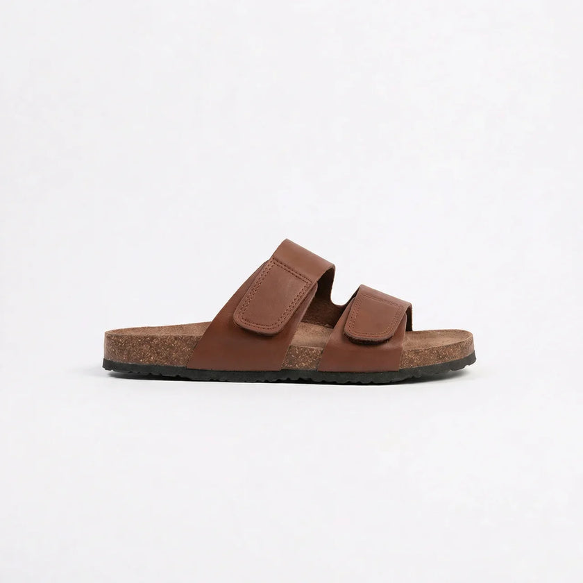 FJØRNA men's double strap open toe slides showing black leather straps and cushioned footbed for comfortable summer wear