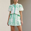 FJØRNA matching 2-piece set with puff sleeve button-front top and A-line mini skirt, band collar, stylish and coordinated outfit