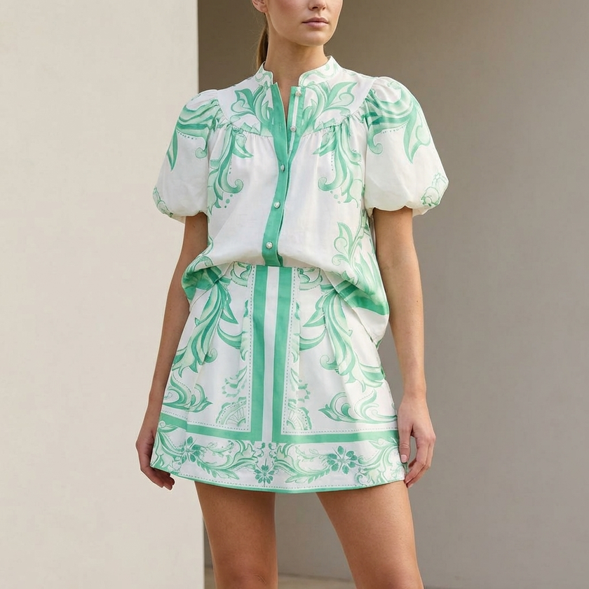 FJØRNA matching 2-piece set with puff sleeve button-front top and A-line mini skirt, band collar, stylish and coordinated outfit