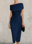 FJØRNA black asymmetric one-shoulder midi dress, elegant cocktail dress with a sleek silhouette and modern design.