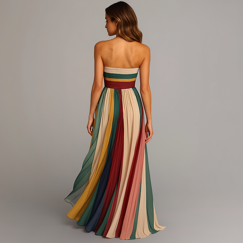 Back view of FJØRNA women's lightweight summer maxi dress with strapless, relaxed fit, pleated design, perfect for warm weather.