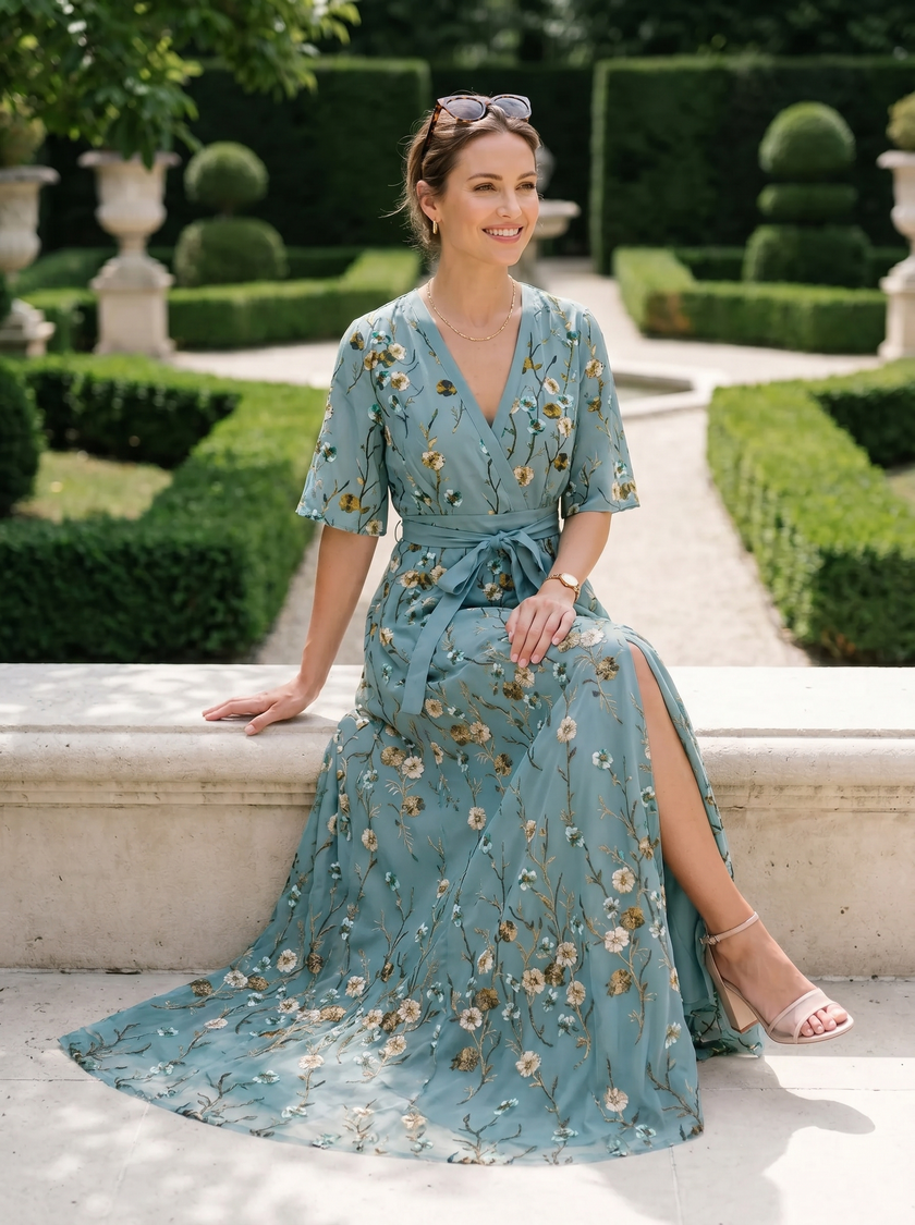 FJØRNA elegant floral maxi dress for women with V-neckline and flutter sleeves, featuring a flowing design and vibrant pattern.