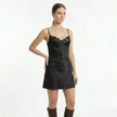 FJØRNA women's lace slip satin mini dress with delicate lace details and smooth satin fabric, perfect for elegant occasions.