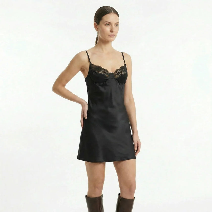 FJØRNA women's lace slip satin mini dress with delicate lace details and smooth satin fabric, perfect for elegant occasions.