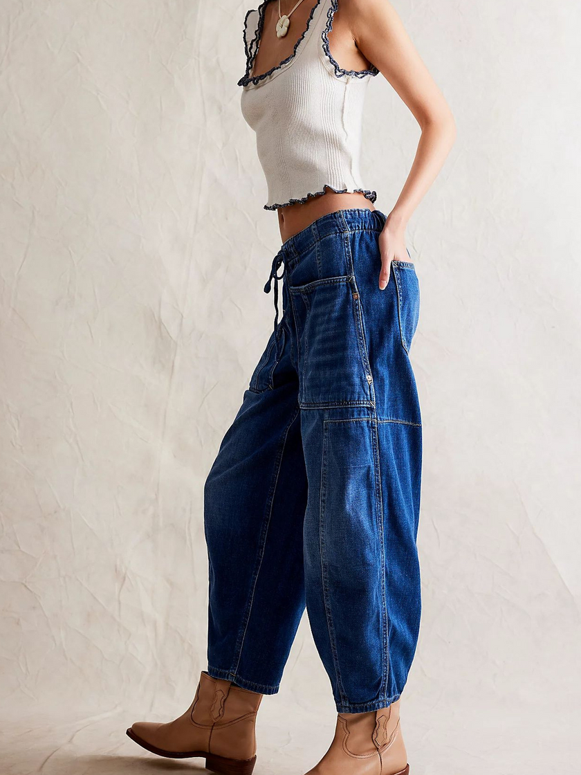 FJØRNA women's cotton pull-on jeans, slim-fit pants with classic five-pocket design, casual and comfortable for everyday wear