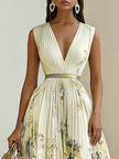 FJØRNA women's white printed V-neck sleeveless pleated dress, stylish and lightweight fashion dress with a flowy design.