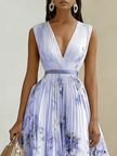 FJØRNA women's white sleeveless pleated dress with a printed V-neck design, perfect for casual or summer wear.