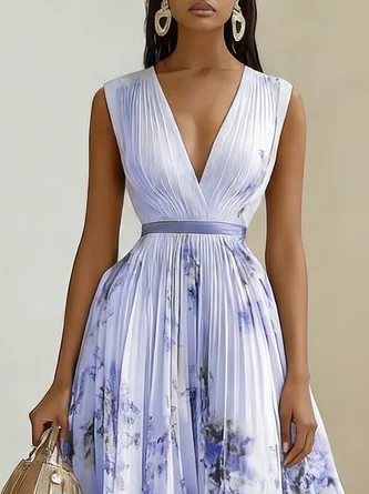 FJØRNA women's white sleeveless pleated dress with a printed V-neck design, perfect for casual or summer wear.