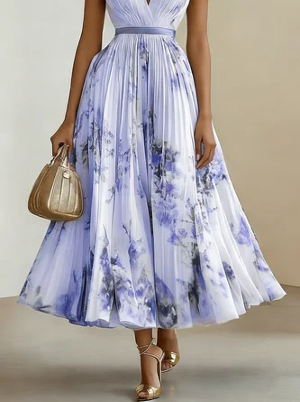 FJØRNA women's white sleeveless pleated dress with printed V-neck design, lightweight fabric, and stylish fashion appeal.