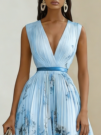 FJØRNA women's white sleeveless pleated V-neck dress with printed design, stylish and flowy for summer or casual wear.