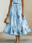 FJØRNA women's white printed V-neck sleeveless pleated dress, stylish and lightweight for summer wear.