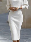 White FJØRNA dress with bat sleeves, waist-cinching design, elegant temperament, and fashionable pure color for stylish occasions.