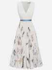 FJØRNA women's white printed V-neck sleeveless pleated dress, stylish and flowy for casual or summer wear.