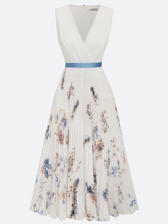 FJØRNA women's white printed V-neck sleeveless pleated dress, stylish and flowy for casual or summer wear.