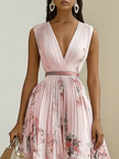 FJØRNA women's white printed V-neck sleeveless pleated dress, stylish and lightweight for warm weather.