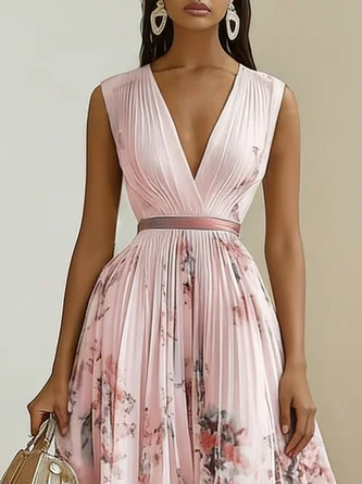 FJØRNA women's white printed V-neck sleeveless pleated dress, stylish and lightweight for warm weather.